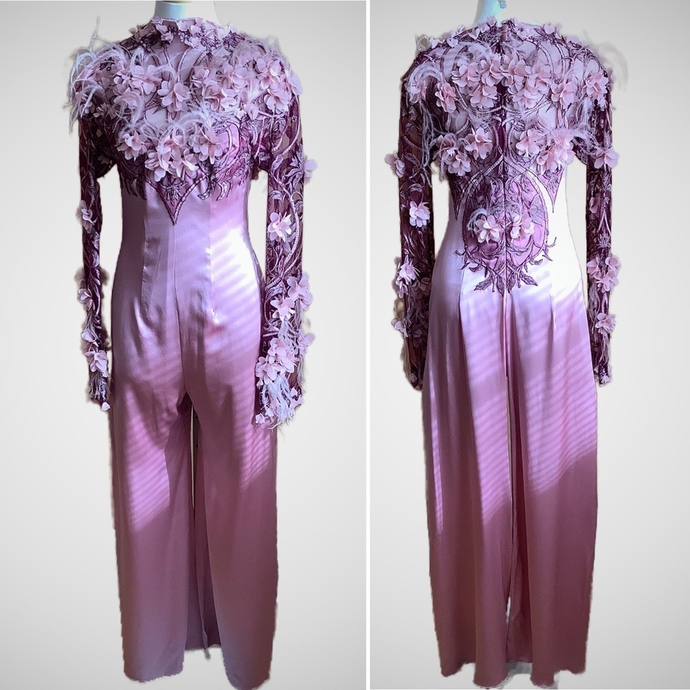 Designer Couture Pink Silk Jumpsuit Floral Appliqué Size Small - Picture 2 of 16